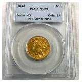 1843 PCGS AU50 $5 GOLD LIBERTY HEAD