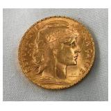 1912 GOLD FRENCH 20 FRANKS W/ ROOSTER