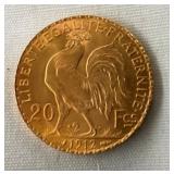 1912 GOLD FRENCH 20 FRANKS W/ ROOSTER