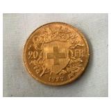 1927E GOLD 20 FRANKS HELVETIA COIN