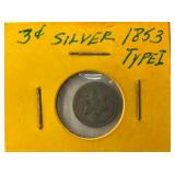 3CENT SILVER 1853 TYPE I COIN