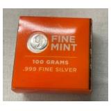 100 GRAMS .999 FINE SILVER BAR
