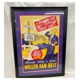 MILLER FAN BELT FRAMED PAPER AD 
