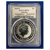 LOT 662 2018P 1 OZ MS70 SILVER KOOKABURR