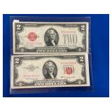 LOT 761 (2) $2 RED SEALS 1928G, 1953B