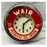 WAIR PEERLESS ICE CREAM NEON CLOCK