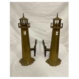 PAIR UNUSUAL BRASS LIGHTHOUSE ANDIRONS