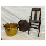 PA DOLL CHAIR, BRASS BUCKET, CARVED ART