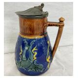 MAJOLICA PITCHER W/ PEWTER TOP