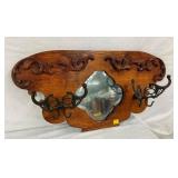 UNUSUAL ORNATE OAK HALL MIRROR W/ COAT HOOKS 