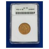 1902 S $5 AU58 GOLD LIBERTY HEAD