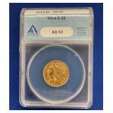 1924 S $5 AU53 GOLD INDIAN HEAD