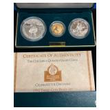 $5 GOLD, SILVER DOLLAR AND HALVE