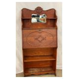 OAK LARKEN DESK W/ CARVINGS, BEV. MIRROR