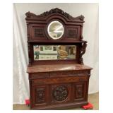 ORNATE CHOC. MARBLE WALNUT SIDEBOARD W/ MIRRORS 