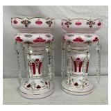 PAIR LUSTERS PARLOR LAMPS W/ GLASS PRISOMS 