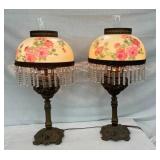 PAIR MATCHING BRASS VICTORIAN PARLOR LAMPS W/ PRISMS 