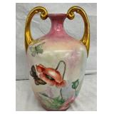 14" DECORATED VASE W/ DOUBLE HANDLES