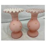 8" EARLY PAIR PINK SATIN VASES