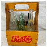 WOODEN PEPSI CARRIER W/ VARIOUS BOTTLES