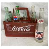 COKE CARRIER W/ VARIOUS BOTTLES