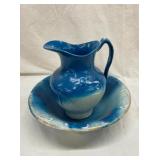BLUE AND WHITE STONEWARE BOWL/PITCHER