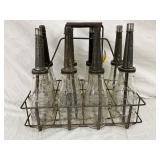 Eight-Piece 1922 Handy Oiler Glass Bottles with Metal Carrier