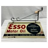Vintage Esso Motor Oil Tin Advertising Sign with Hanging Bracket, 18 x 10 inches
