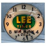15-Inch Lighted Pam Clock Advertising Lee Tires and Witt Motor & Oil Co