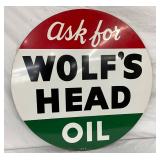 36-Inch Double-Sided Wolf’s Head Oil Swinger Sign, Dated 1957