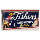 48X24 Fisher Sandwiches Self-Framed Metal Advertising Sign, Circa 1965