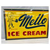 NOS 1968 Mello Ice Cream Tin Sign Featuring ‘The Mello Fello’, 36 x 24 Inches Double Sided