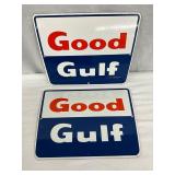 2 Porcelain Good Gulf Pump Plates, 11 1/2 x 8 1/2 Inches