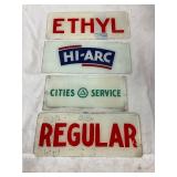 Four Original Gas Pump Inserts Featuring Ethyl, Hi-Arc, Cities Service, and Regular