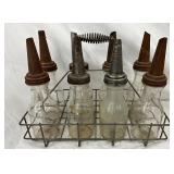 Eight Original Glass Bottles with Metal Pour Spouts and Carrie