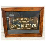 Framed 12” x 5” Chevrolet Dealer Plate from Raney Motor Co., Salisbury, North Carolina