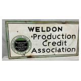 Double-Sided Weldon Production Credit Association Porcelain Sign, 36 x 18 Inches