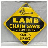 33IN. NOS Embossed Metal Sign for Lamb Chain Saws, Liverpool, N.Y.