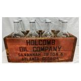 Eight Holcomb Oil Company Emb. Bottles with Original Wooden Crate, 19” x 9 1/2” - Atlanta Georgia 