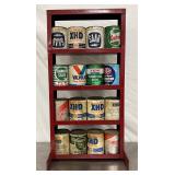 Metal Oil Rack with 16 Vintage 1-Quart Oil Cans