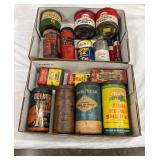 Vintage Automotive Cans and Tire Repair Kits Including Esso, Texaco, DuPont, and Goodyear