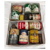 Various Vintage Motor Oil and Automotive Cans, Including Esso, Pennzoil, Gulf, Quaker State, and Ken