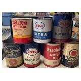 7 Vintage Oil and Anti-Freeze Cans Featuring Esso, Gulfpride, and Shellzone