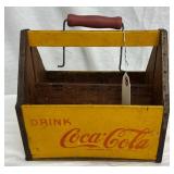 Wooden Coca-Cola Carrier with Metal Handle and Yellow Painted Graphics