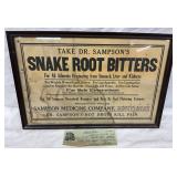22X16 Framed Dr. Sampson’s Snake Root Bitters Advertisement Sign with Canceled Purvis Niece Check