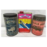 3 Vintage Automotive Cans: Dust-Puff, Liquid Glass Auto Polish, and Silver Arrow Wax