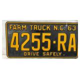 1963 North Carolina Farm Truck Lic. Plate