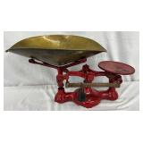 Red Cast Iron Number Two Balance Scale with Brass Pan, 24×12