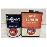 Two Gulf Oil Cans: Gulfpride Motor Oil 5 Quarts and Gulf Supreme Motor Oil 2 Gallons