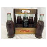 Wooden Coca-Cola Six-Pack Carrier with Six Glass Bottles
